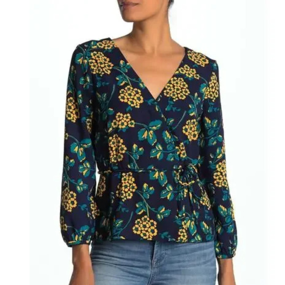 J CREW Navy Yellow Drapey Crepe Floral Wrap Top V-Neck 3/4 Sleeve Women's Small - Picture 1 of 8